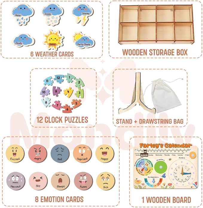 Interactive Calendar for Kids Ages 3+, Wooden Toddler Calendar, Teaching Seasons, Years, Months, Days of Week, Daily Activity Calendars for Kid Preschool & Homeschool (03 - Custom Name)