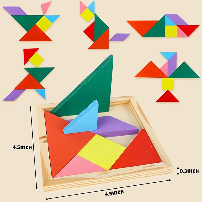 3 otters Wooden Tangram Puzzles for Kids, Educational Shape Puzzle Toys, STEM Montessori Brain Logic Blocks, 4 Pack
