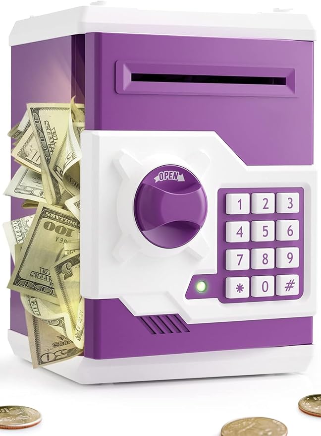 Piggy Bank for Girls Boys Large Electronic Money Coin Banks with Password Protection, Automatic Paper Money Scroll Saving Box, Great Gift for Kids (Purple-White)