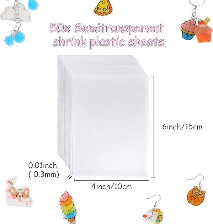 Auihiay 50 pcs Mini Shrink Plastic Sheets, Heat Shrinky Sheet for Kids, DIY Shrinking Art Creative Crafts, Great Mothers Day Gifts Christmas Ornament, 6 x 4 inch / 15 x 10 cm
