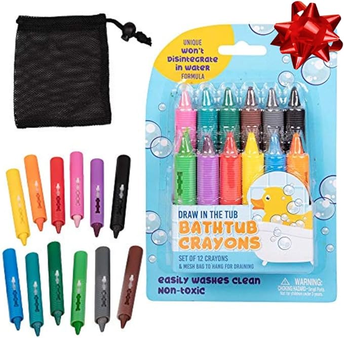 Bath Crayons Super Set - Set of 12 Draw in the Tub Colors with Bathtub Storage Mesh Bag -Non-Toxic, Safe for Children, Won't Disintegrate in Water -Art Project for Kids and Toddlers