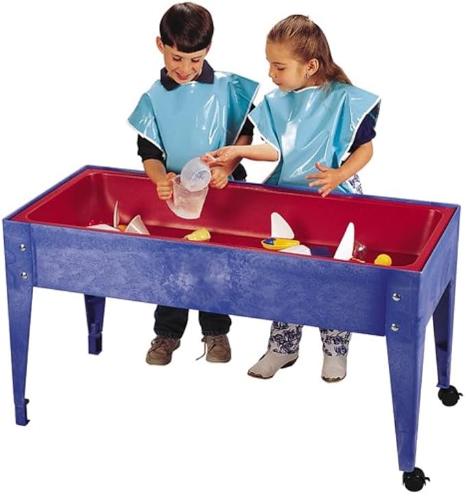 Constructive Playthings Indoor/Outdoor Sand and Water Activity Table for Kids Ages 1-3, Portable Classroom Play Table with Dry-Erase Top and 2 Side Trays, Blue/Red