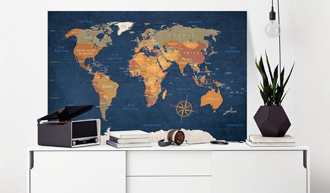 artgeist Pinboard World Map 35x24 in - Cork Board & Canvas Print Wall Art 1 pcs Memoboard with 50 Pins Noticeboard Message Board Image Picture Home Decor Travel Map k-C-0048-p-b