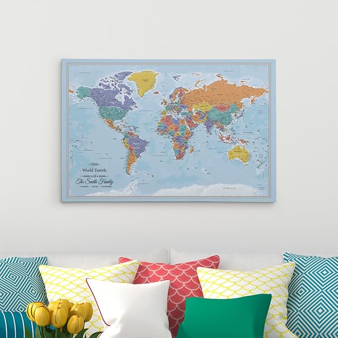 Gallery Wrapped - Blue Oceans World Push Pin Travel Map with pins