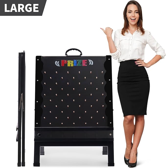 Prize Drop Game Board, 21"x30" Foldable Double-Sided Design with Wooden A-Frame Chalkboard Sign for Carnival, Trade Show, and Party - Includes Coin Drop Discs and Chalk Set, Upgraded Handle Design