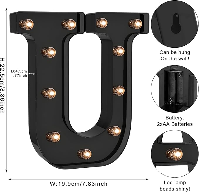 Foaky Black LED Letter Lights for Room Decor - Bedroom Wall Decor, Alphabet Lights for Home, Wedding, Party - Battery Operated （U）