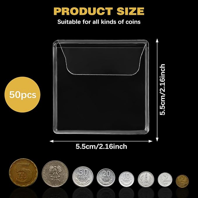 50 Pcs Plastic Coin Sleeves, 2.1 x 2.1 Inch Individual Coin Protector for Collectors