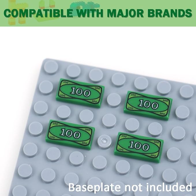 MALEKO Money Tiles Bank Bill Accessories, 80 Pieces 100-Dollar Green 1x2 Tiles, Bulk Building Toy Parts, Compatible with All Major Brands