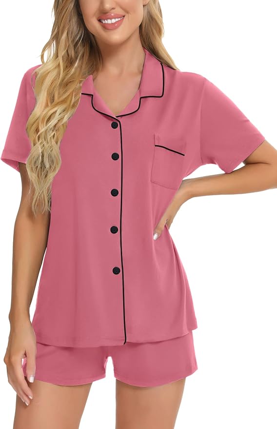 SWOMOG Womens Button Down Pajamas Set Short Sleeve Sleepwear Bride Soft Pj Lounge Sets XS-3XL