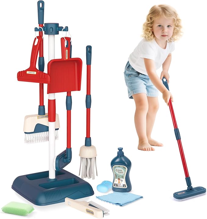 Jenilily Toddler Toys Cleaning Set, Kids Cleaning Toy Stand Set, Pretend Play Home Cleaning Tools Toys Playset，Broom, Dustpan, Mop, Duster
