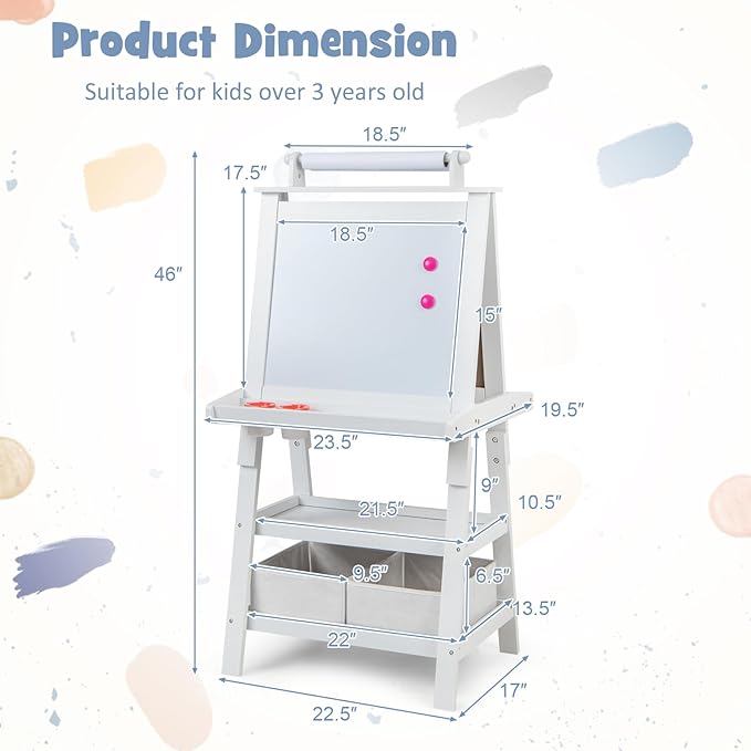 Costzon Kids Art Easel, 3 in 1 Double-Sided Painting Easel w/Magnetic Whiteboard, Chalkboard & Paper Roll, 2-Tier Storage Rack & 2 Boxes, Standing Easel for Kids, Toddlers, Gift for Boys, Girls