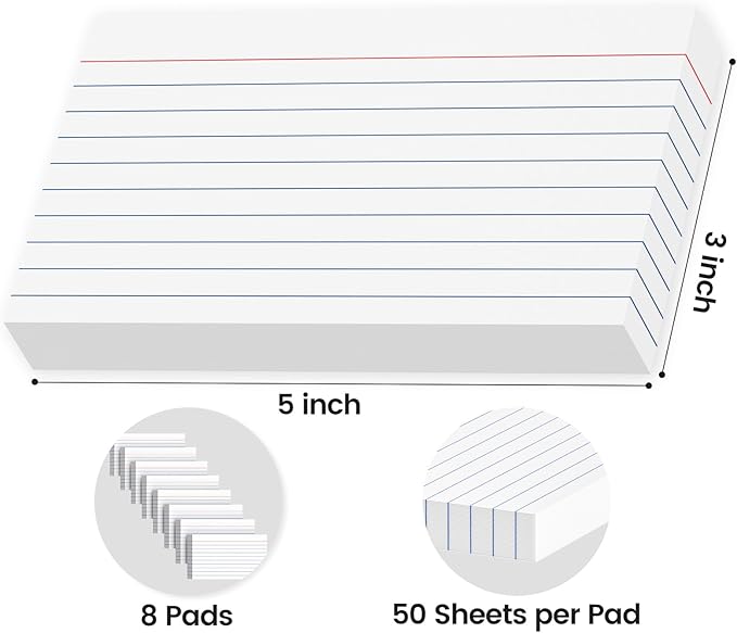 400 Count Index Cards 3x5 Inch - 180gsm Heavyweight White Flash Card (50 Sheets Each), Durable & Portable Note Taking for Students, Teachers, Study Flashcards for School Office Home
