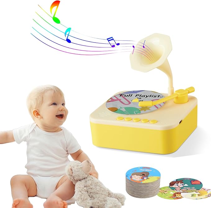 Retysaz Kids Phonograph with 96 Cards, Story Music Player for Kids 3-6 Musical Sensory Toy for boy Girl,Toddler Audio Pre-Kindergarten Toy Early Childhood Education Present Birthday (Yellow)