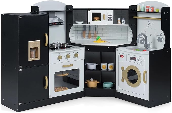 Costzon Corner Kids Kitchen Playset, Wooden Play Kitchen w/Sounds & Lights, Washing Machine, Range Hood, Ice Maker, Microwave, Oven, Sink, Pretend Toy Kitchen Set for Toddler, Gift for Boys Girls
