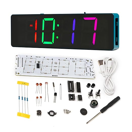 EIELE Soldering Practice Kit 4-Digit RGB Colour LED Digital Clock Kit with colourful case Suitable for students and beginners to solder and learn Adult Electronic Soldering Projects (blue case)