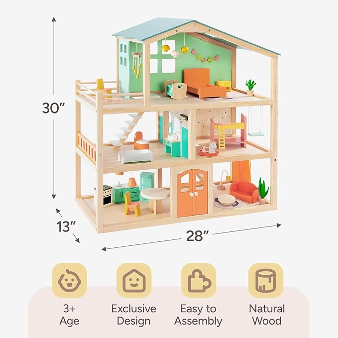 Giant bean Large Wooden Dollhouse with 32 Pcs Furniture Accessories, 3-Story Doll House 5 Rooms Balcony Wooden Stairs, Ideal Dollhouse Playset Toy for Kids Ages 3+, 30" H x 28" L x 13" W
