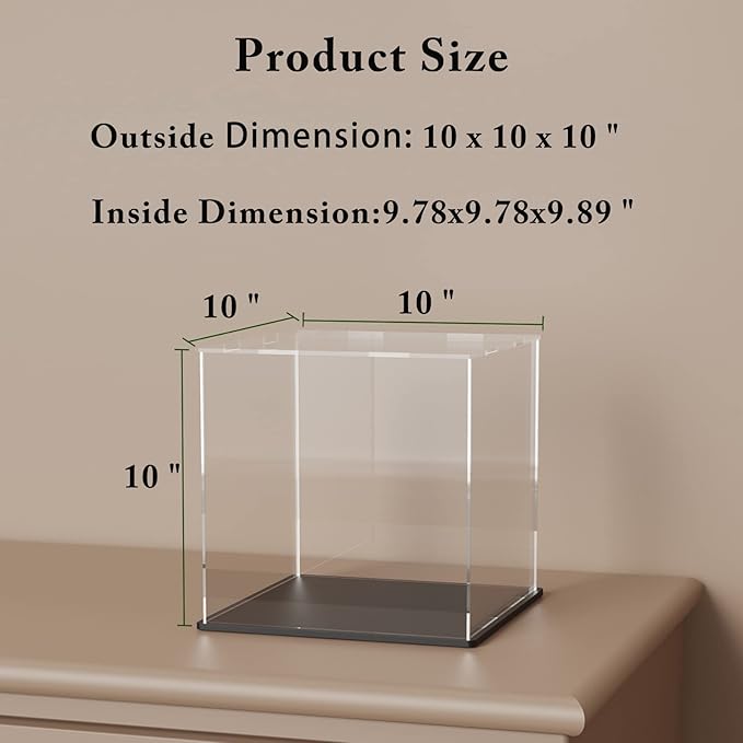 SVENJBB Acrylic Display Case, 10x10x10 Inch Cube Acrylic Boxes for Display, Clear Display Cases with Matte Black Base and Lid for Collectibles and Figures