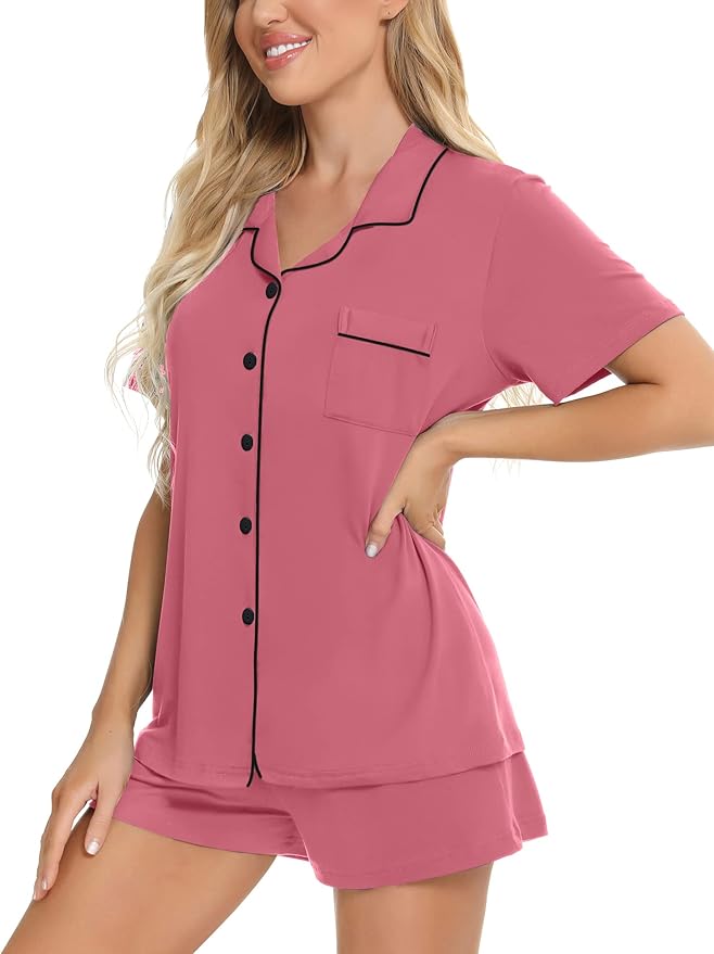 SWOMOG Womens Button Down Pajamas Set Short Sleeve Sleepwear Bride Soft Pj Lounge Sets XS-3XL