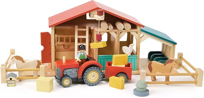 Tender Leaf Toys - Farmyard Tractor - Wooden Tractor Toy with Removeable Trailer, Animals and Accessories - Open-Ended Play Toy, Farm Pretend Play for Boys and Girls - Age 18m+