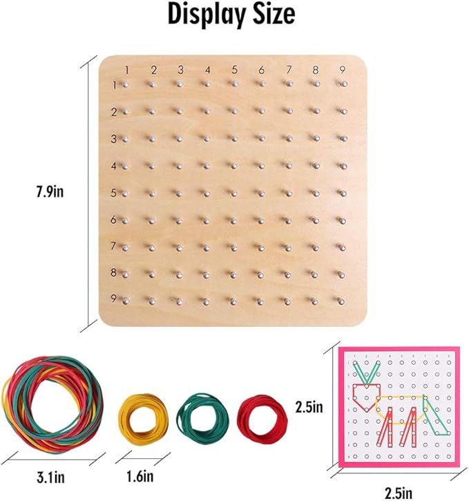 Skrtuan Wooden Geoboard with Pattern Cards & Rubber Bands, Montessori STEM Educational Toy for Kids 3-5 5-8 Years Old, Brain Teaser Puzzle Game for Geometry Learning and Creative Shapes