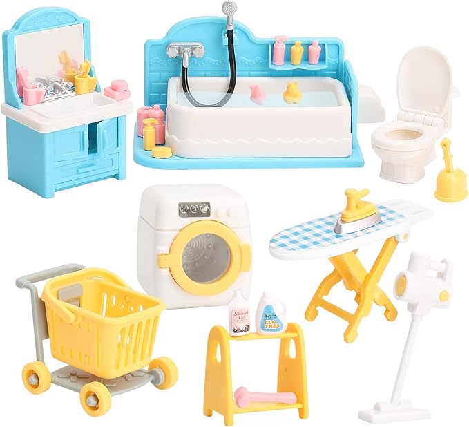 Dollhouse Furniture Set for Kids Toys Miniature Doll House Accessories Pretend Play Toys for Boys Girls & Toddlers Age 3+ with Bathroom