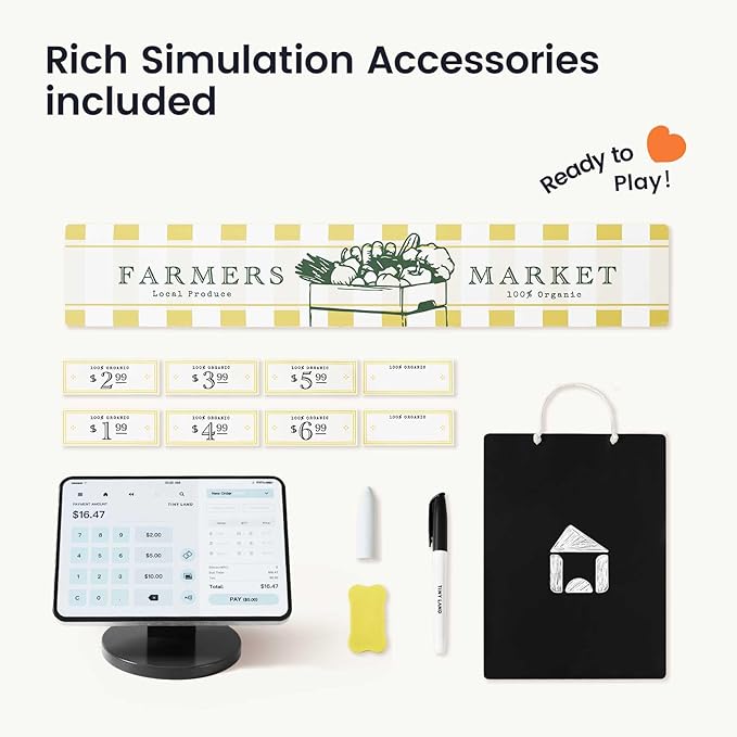 Tiny Land Wooden Play Store – Pretend Farmers Market & Coffee Shop with Cash Register, DIY Price Tags, Chalkboard, Pretend Grocery Store Role Play Toy for Toddlers