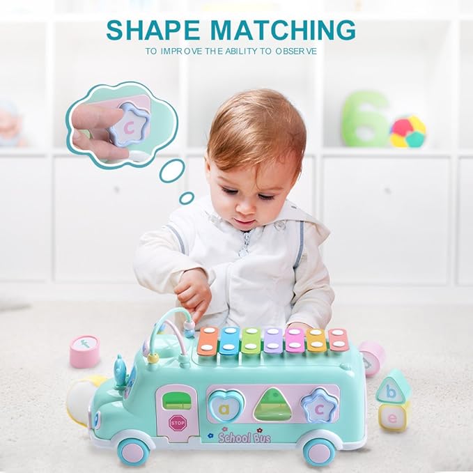 Baby School Bus Xylophone Toy for Toddlers 1-3, 5-in-1 Montessori Musical Bus Toys Gifts for 1 Year Old Baby Girl, Shape Sort Toys Knocking Xylophone Educational Instruments Birthday Gift Boy Girl