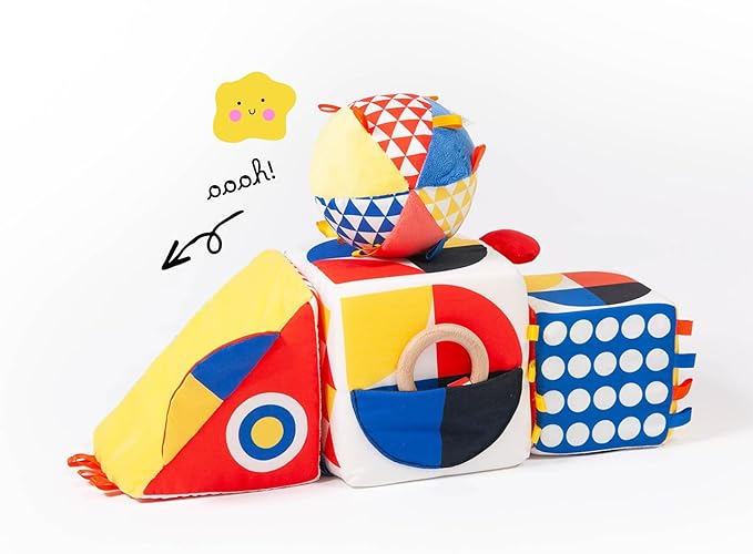 Follies The Baby Bauhaus Set - Award Winning Jumbo Soft Baby Blocks, Rattle Ball, Mirror from 0 to 18 Months - Must Have Montessori Developmental Sensory Toys for Tummy Time and Brain Development