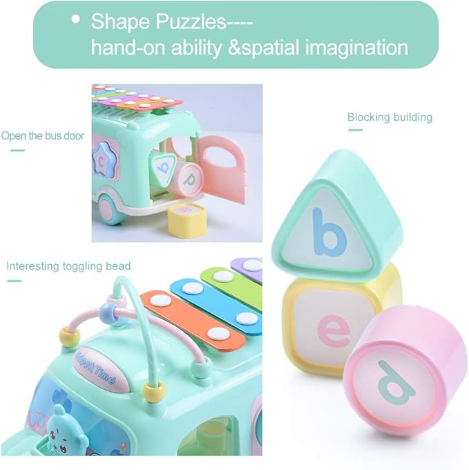 Baby School Bus Xylophone Toy for Toddlers 1-3, 5-in-1 Montessori Musical Bus Toys Gifts for 1 Year Old Baby Girl, Shape Sort Toys Knocking Xylophone Educational Instruments Birthday Gift Boy Girl