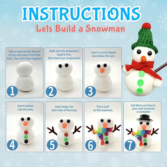 COOLJOY 24 Pack Build a Snowman Kit DIY Snowman Crafts,Air Dry Clay Modeling Crafts Kit,Christmas Stocking Stuffers for Kids,Christmas Gifts for Kids, Snowman Making Kit Toys