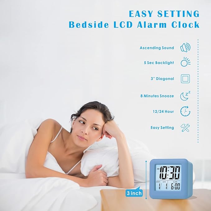 Plumeet Digital Alarm Clock Kids Clock with Snooze and White Nightlight - Easy Setting Travel Alarm Clocks Display Time, Date, Alarm - Ascending Sound - Battery Powered (Baby Blue)