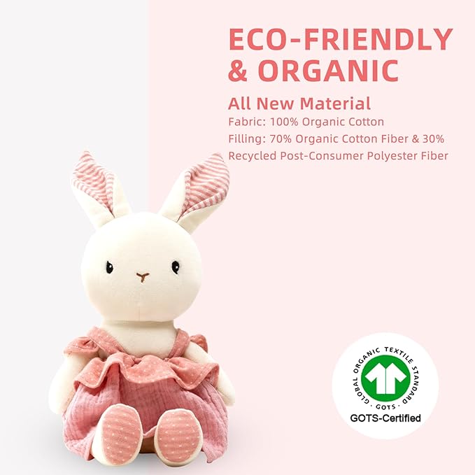 Bunny Stuffed Animal Organic Cotton Baby Plush Toys, 7" Easter Plush Bunny Soft Cuddly Toy for Babies and Toddlers