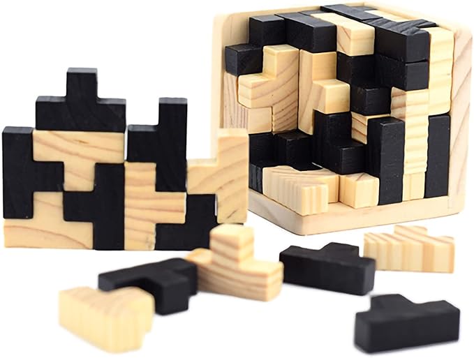 3D Wooden Brain Teaser Puzzle Cube Wooden Puzzles T-Shaped Jigsaw Logic Puzzle Game Puzzles Educational Toy for Kids and Adults (Black)