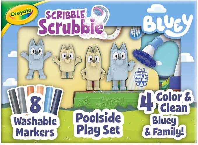 Crayola Scribble Scrubbies Bluey Poolside Playset (4ct), Washable Bluey Toy Set for Kids, Holiday for Toddlers, with Bingo, Chilli, and Bandit, Ages 3+