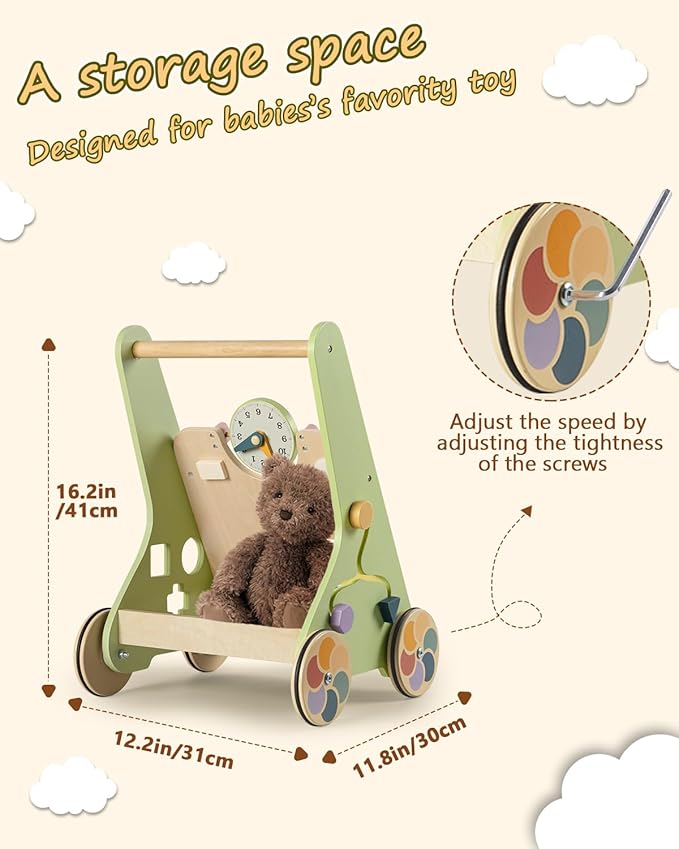 Wooden Baby Walker with Wheels, Push Walker for Baby Boy 6-12 Months, Baby Activity Center Sit to Stand Walker Small Size