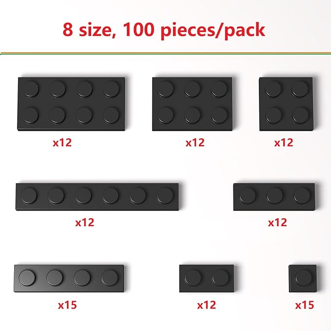 100 Pieces Classic Building Plate Assortment Pack, 8 Sizes Small Baseplates Multipacks, Compatible with Lego Parts and Pieces, Small Plate for Building(Color:Black)