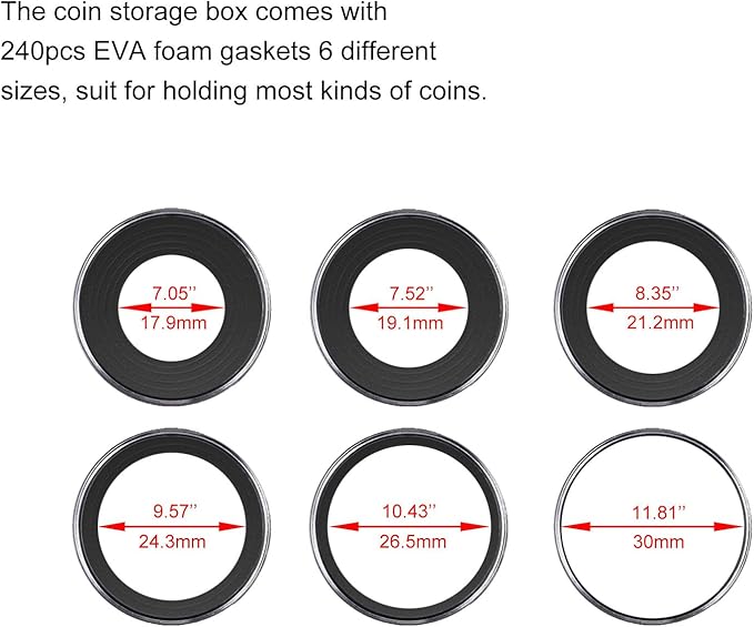 240 pcs 30mm Coin Capsules Coin Holders for Collectors, with Foam Gasket and Plastic Storage Organizer Box, 6 Sizes (17.9/19.1/21.2/24.3/26.5/30mm) Coin Case for Coin Collection Supplies (Black)