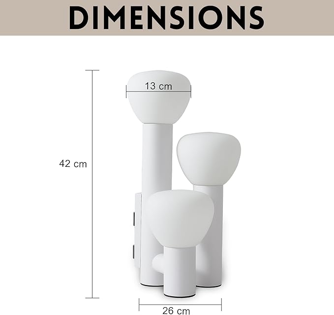 Modern 3-Light Table Lamp, White Metal Base, White Mushroom Shaped Glass Globes, 3 Color Temperatures, 16.5 inches Height,Portable Desk Lamp for Bedroom Living Room