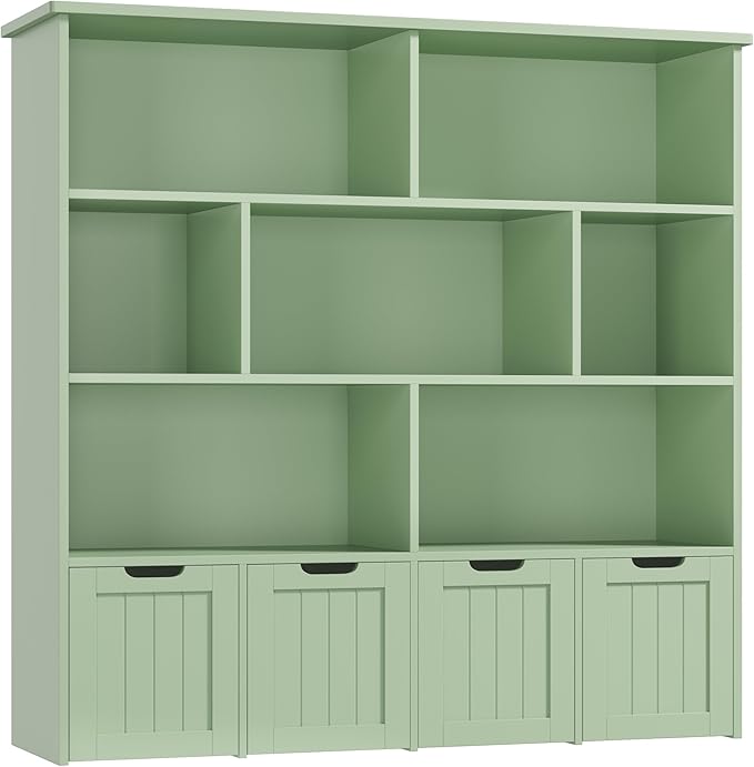 FINETONES Toy Storage Organizer, Kids Bookshelf with 4 Movable Chests and 7 Storage Cubes, Toy Chest Storage with Hidden Wheels, Toy Organizers and Toy Storage, Green
