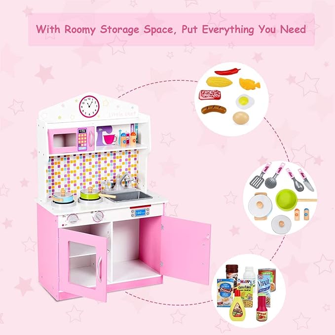 GLACER Kids Kitchen Playset, Wooden Pretend Cooking Set w/Removable Sink, Food & Cookware Accessories, Top Display Shelf, Play Kitchen Toy Set, Realistic Cooking for Toddlers (Pink)