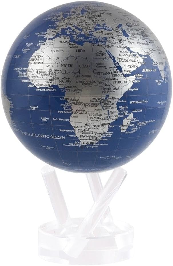MOVA – Blue and Silver 4.5” Rotating Earth Sphere | Solar-Powered Desktop Decor for Offices, Study, or Gifting | No Batteries or Cords Needed