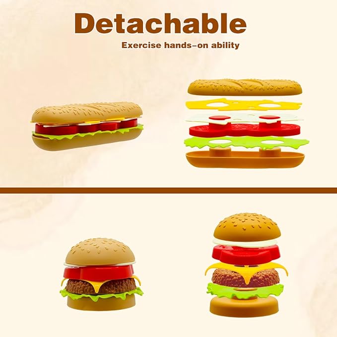 26PCS Pretend Play Kitchen Food Set - Dessert Toys with Hamburger, Hot Dog, Fries, Drink & Tray Detachable Play House Kitchen Accessories Role Play Toys Gift for Toddlers Boys Girls 3 4 5+ Years Old