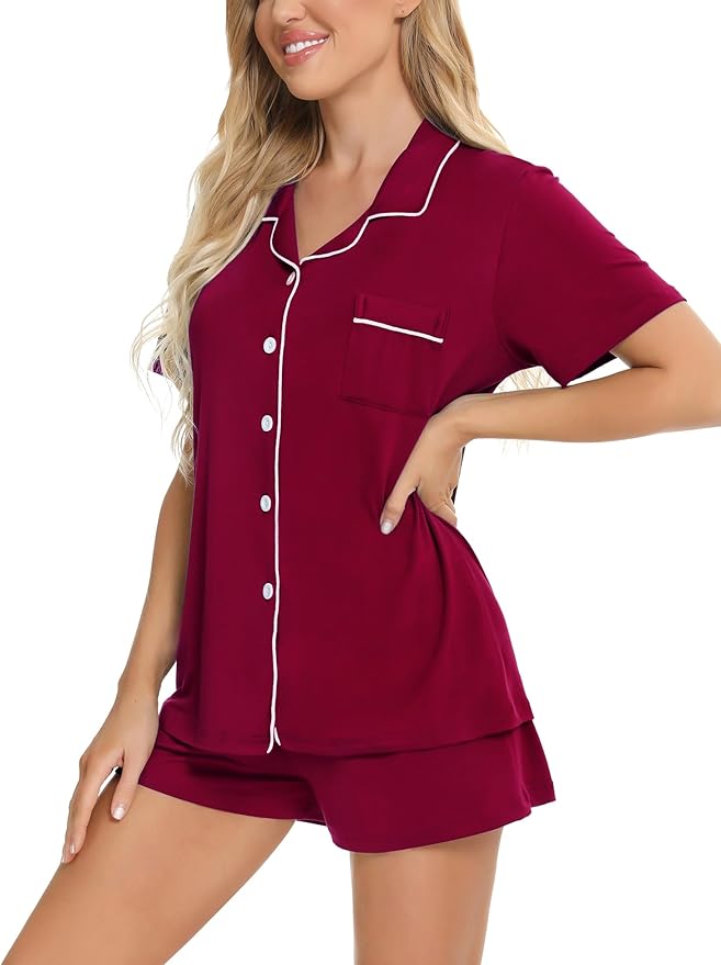 SWOMOG Womens Button Down Pajamas Set Short Sleeve Sleepwear Bride Soft Pj Lounge Sets XS-3XL