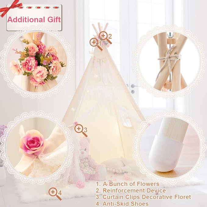 Lace Teepee Tent for Girls Tipi Tent Ivory Canvas Classic Play Tent Play House Indoors for Kids Room Décor
