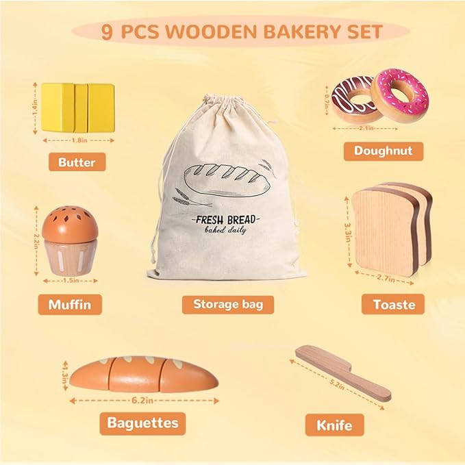 Wooden Bakery Playset Food Toys, Kids Pretend Play Food Baking Set Kitchen Accessories with Storage Bag, Pretend Play Bread Cutting Food for Boys Girls 3+