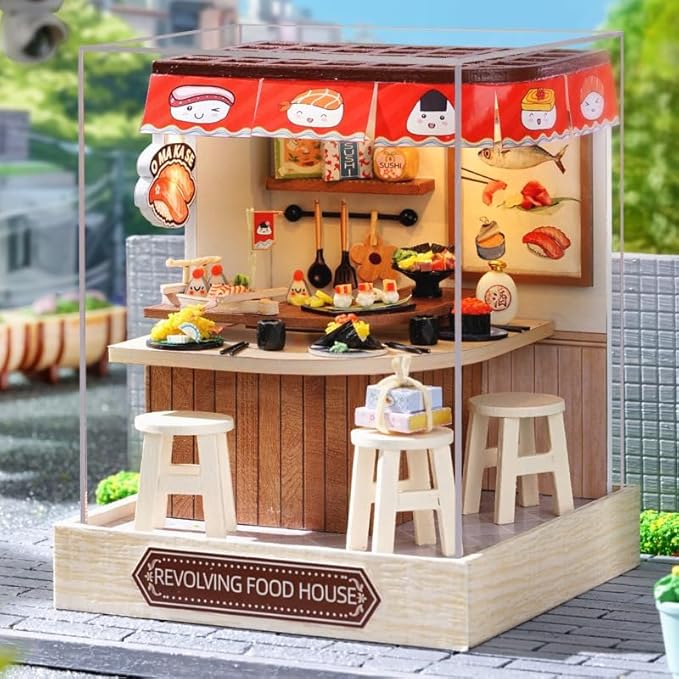 Miniature House Kit, CUTEROOM Tiny House Kit Wooden Dollhouse Kit Mini House Making Kit with Dust Cover, DIY Sushi Dollhouse Kit Birthday Gift (Food House)