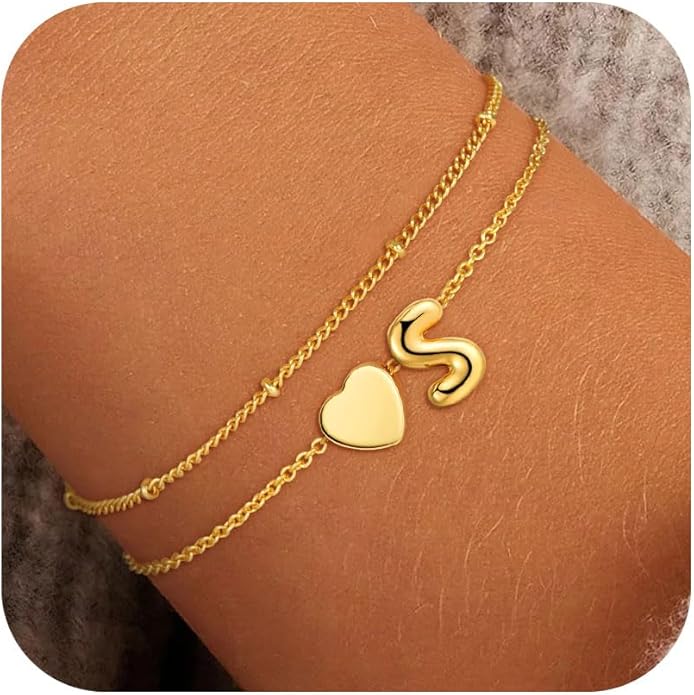 Heart Initial Bracelets for Women Girls - 18K Gold Plated A-Z Initial Bracelet Dainty Gold Bracelets for Women Teen Girl Gifts Trendy Stuff