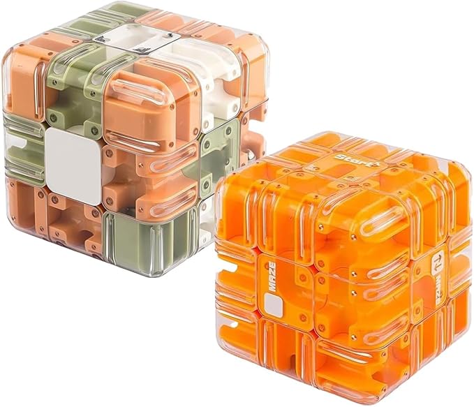 2pcs Large Labyrinth 3D Puzzle Maze Cube,Engaging Brain Teaser Toy,3D Magic Cube Maze Ball Puzzle for Stress Relief & Logic Development (Light Green + Orange)