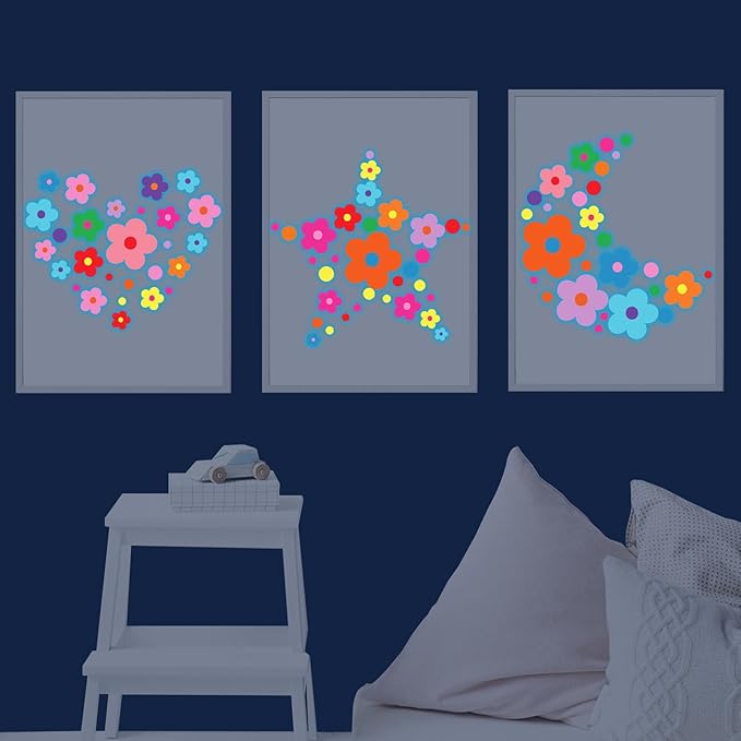 Glow in The Dark Y2k Cute Flowers Wall Decals，Glowing Luminous Colorful Floral Wall Stickers Removable self-Adhesive Flower Decals for Girls Bedroom Kids Baby Nursery Living Room Decor (Bright Color)