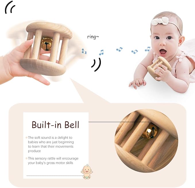 Organic Wooden Baby Rattle Toy Montessori Rattle Roller Waldorf Inspired Grasping Toddler Toys